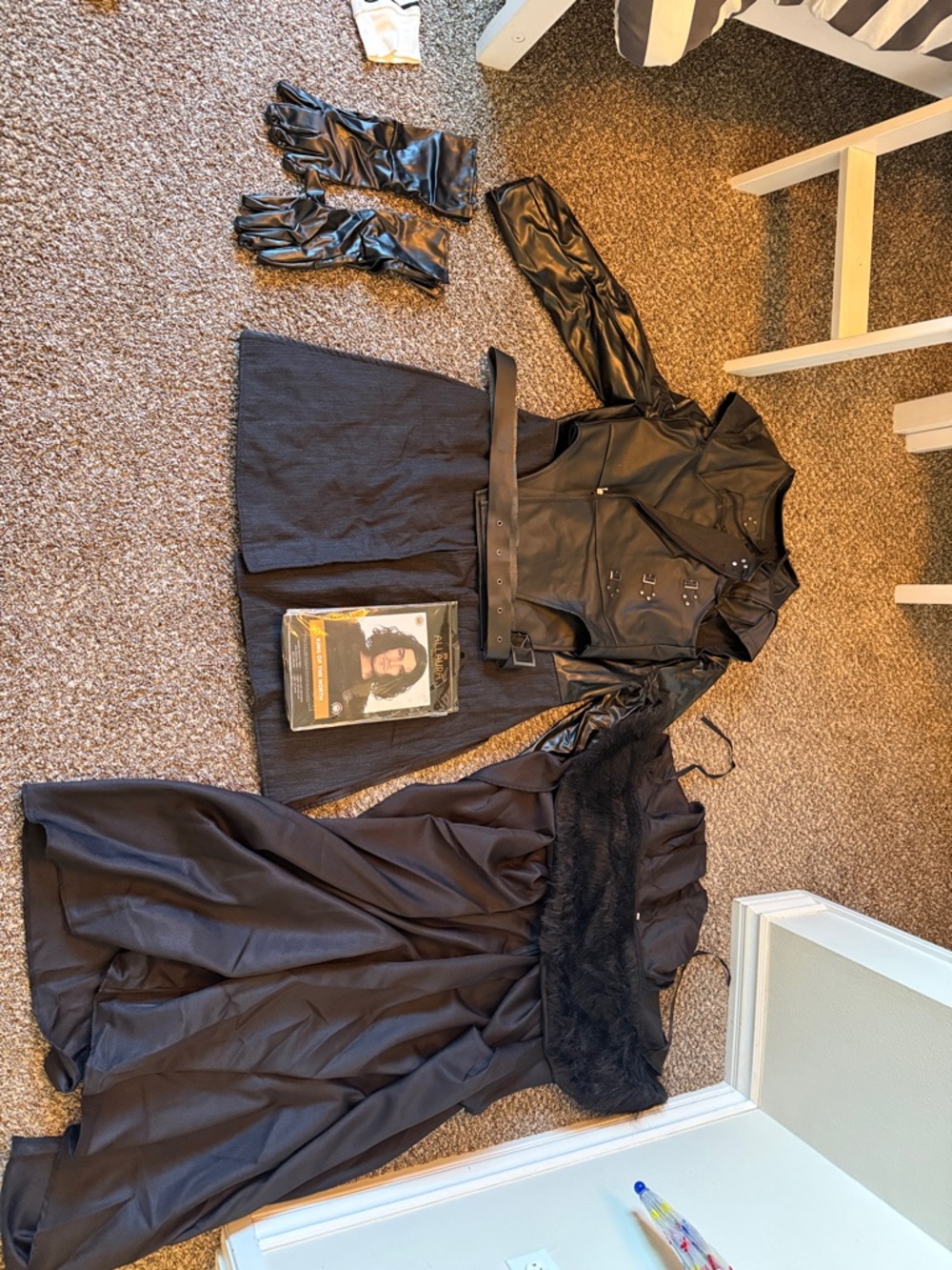 Black Gothic-Inspired Dress & Faux Leather Vest Set with Gloves